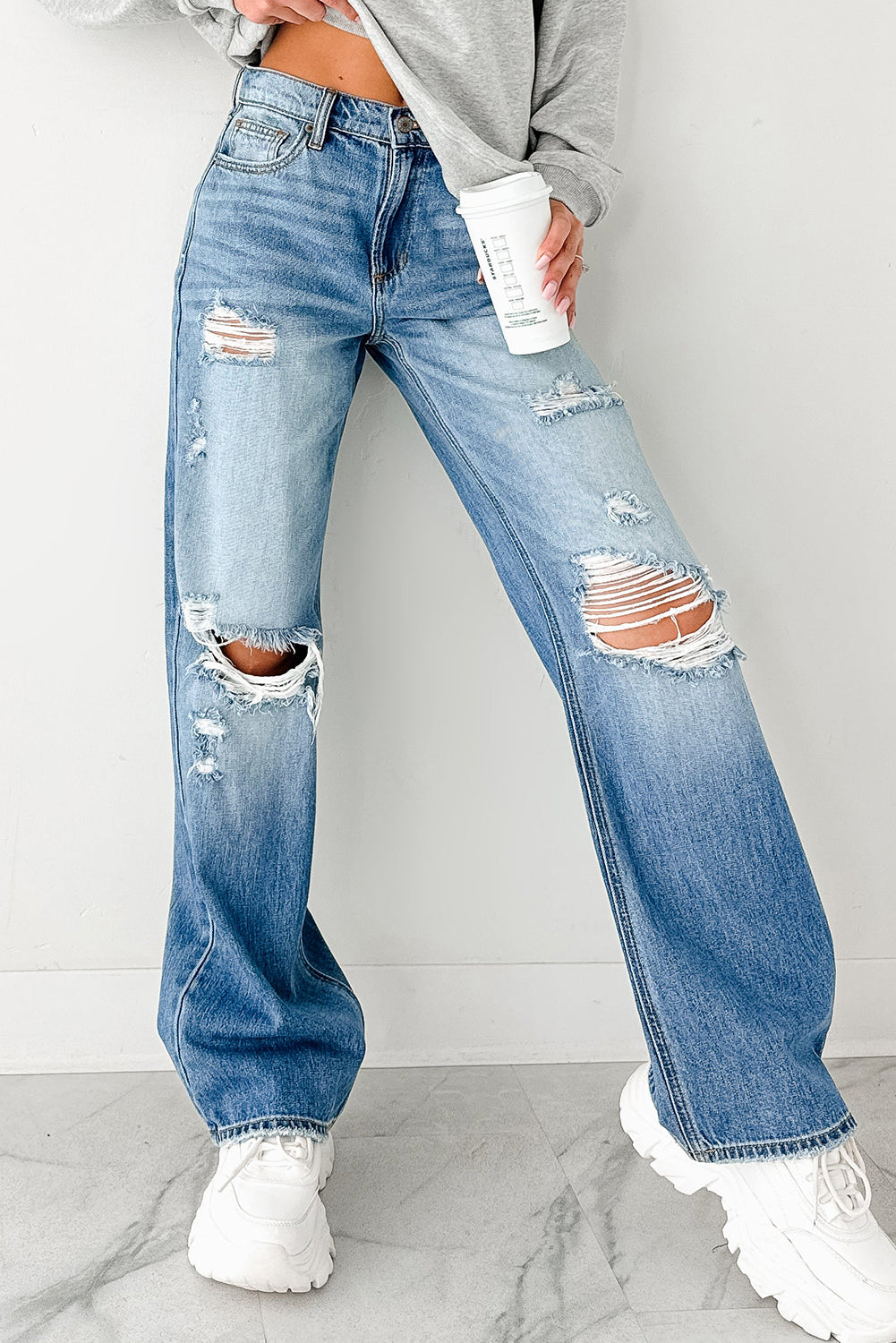 Myosotis Mid Rise Distressed Straight Leg Jeans