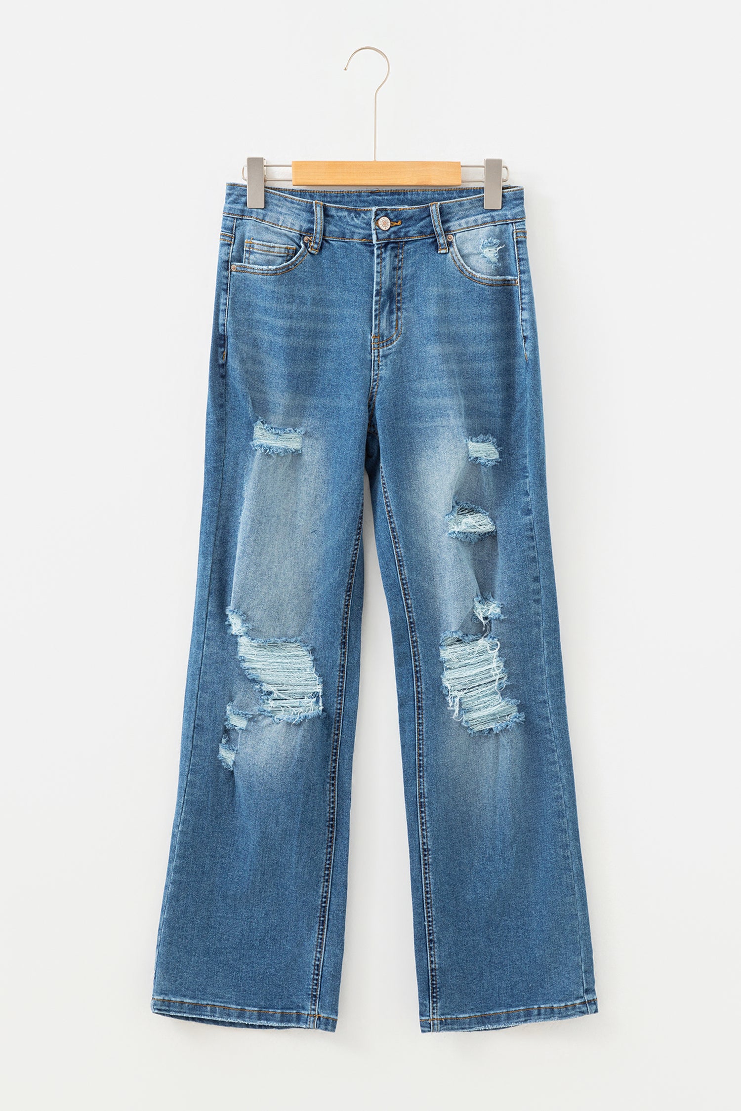 Myosotis Mid Rise Distressed Straight Leg Jeans