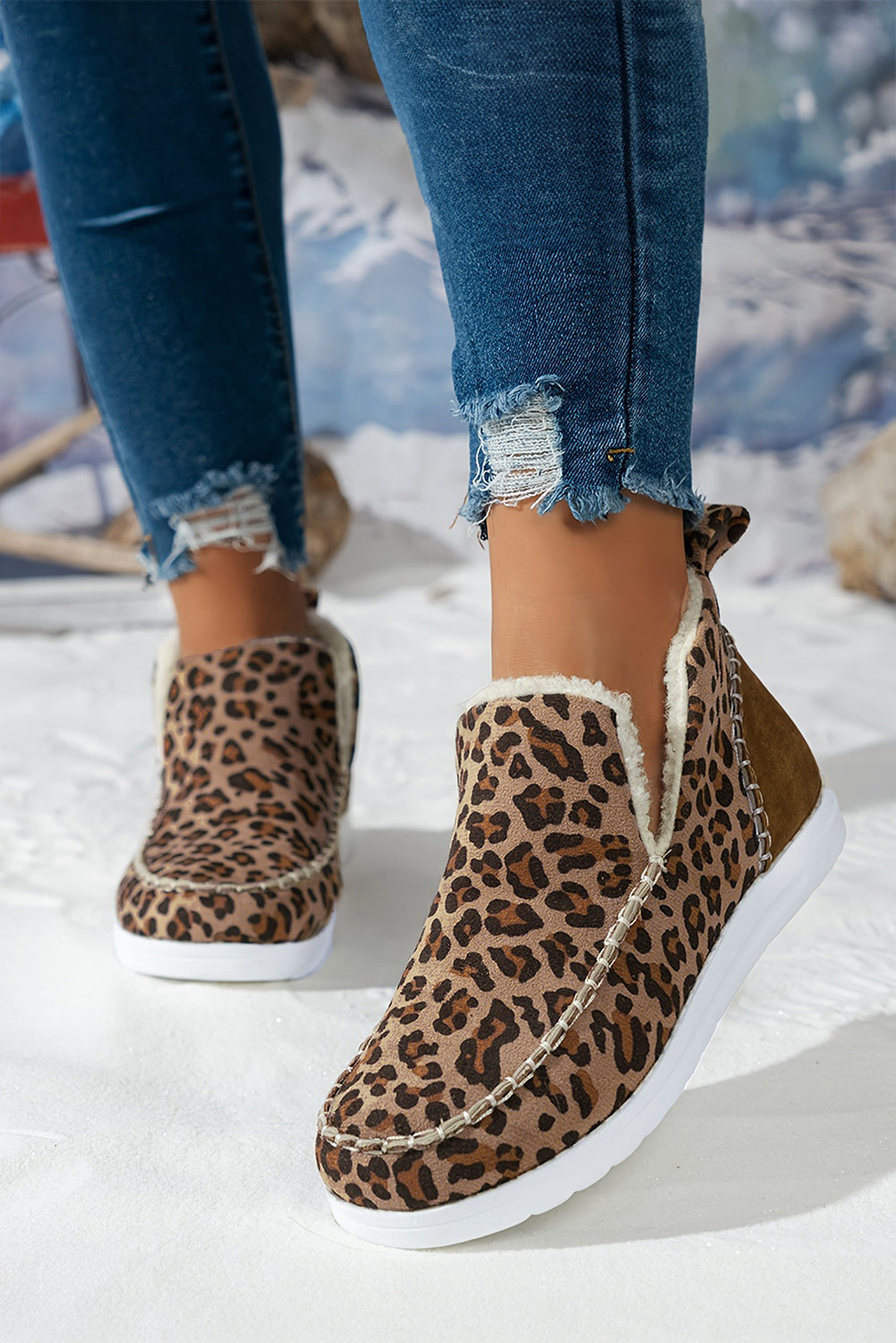 Brown Leopard Print Ankle Winter Fur Boots