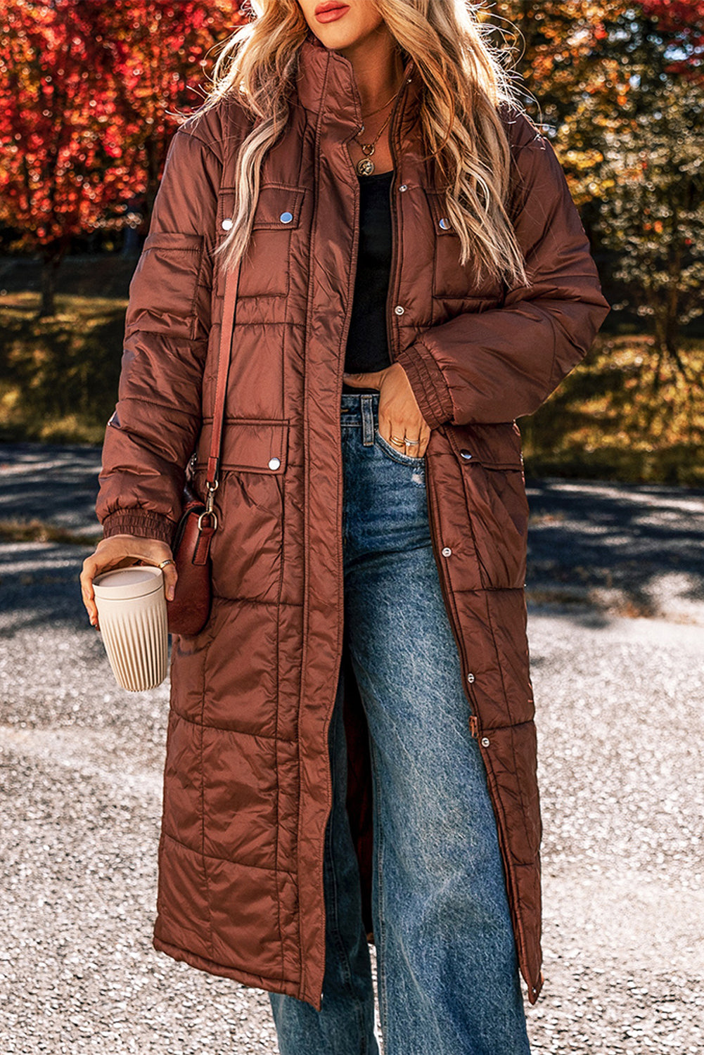 Coffee Quilted Puffer Long Coat