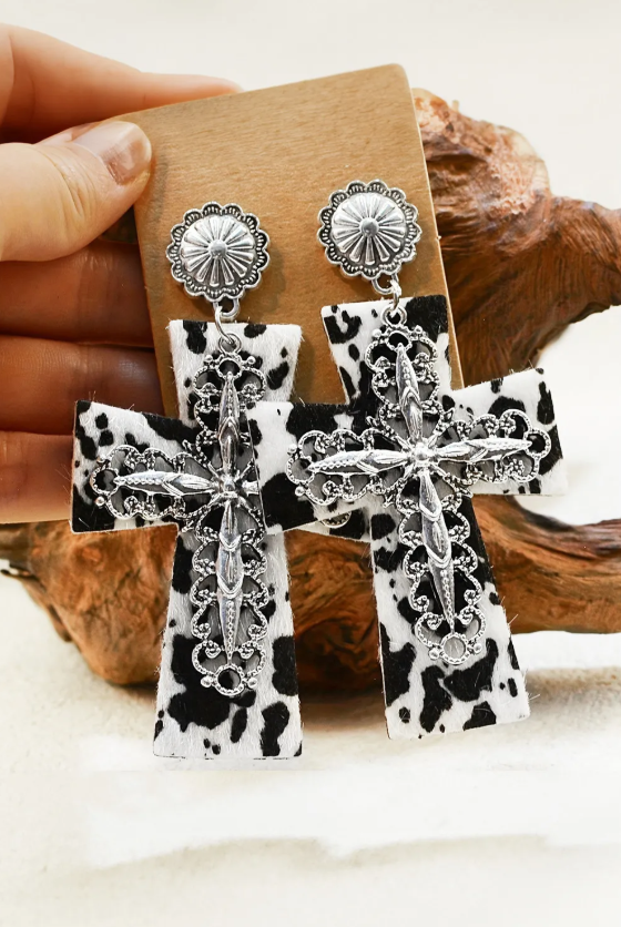 Cow Print Cross Western Earrings