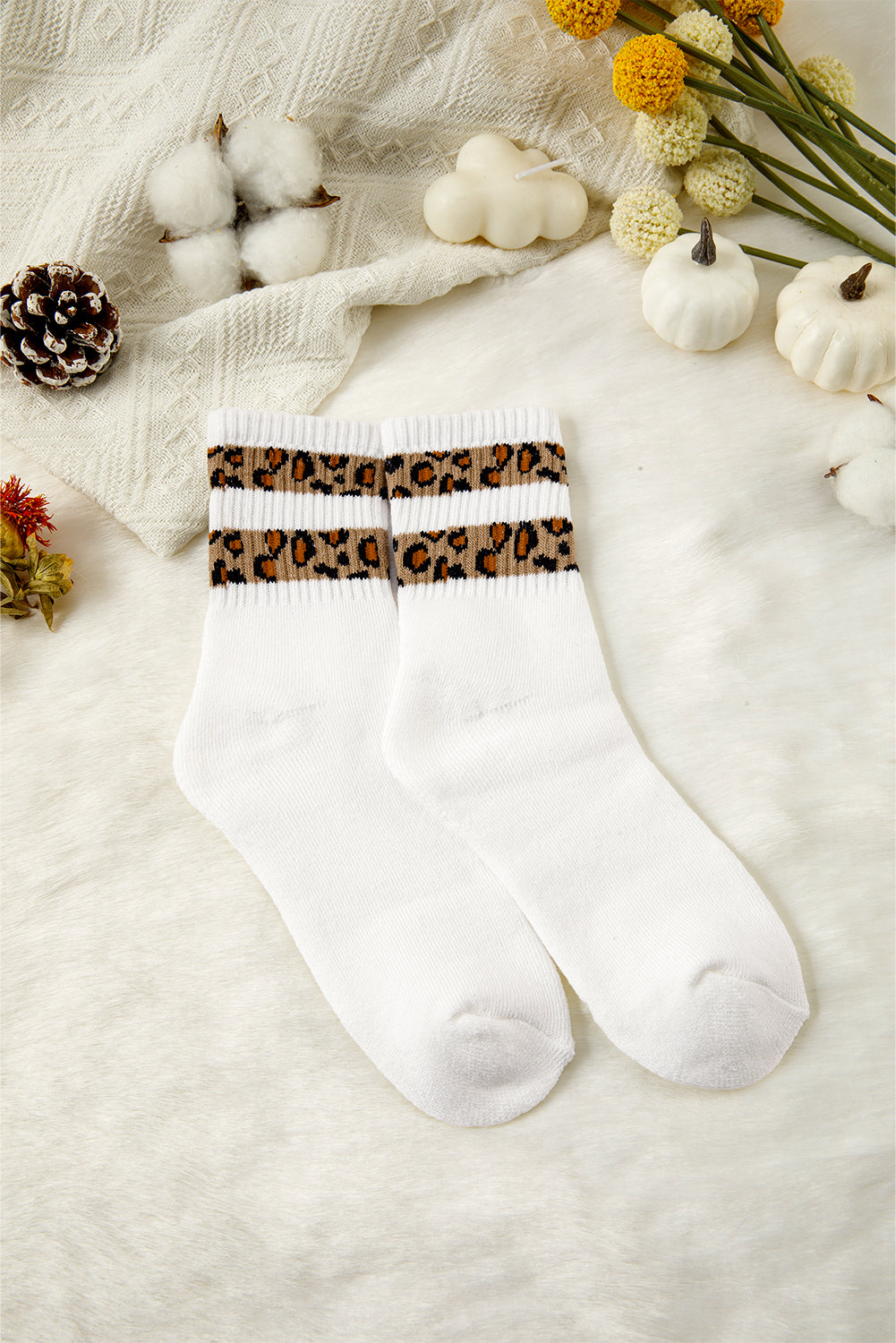 White Leopard Striped Socks