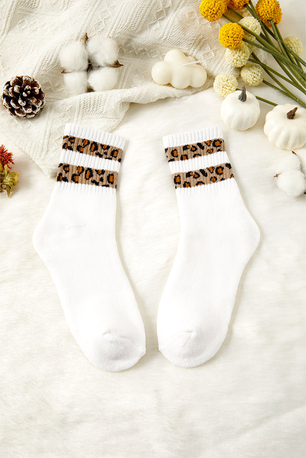 White Leopard Striped Socks