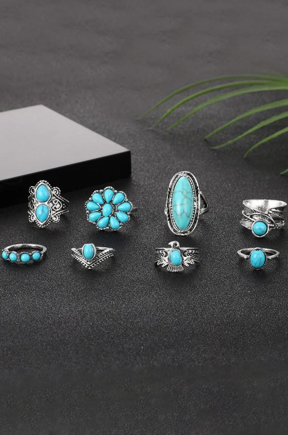 Vintage Western Turquoise 8-piece Ring Set